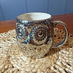 West Elm Owl Mug Silver Metallic Coffee Cup Birds 21 oz Chi Omega Textured